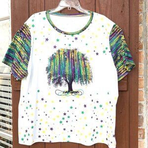 4X Mardi Gras BEAD TREE Shirt, Purple Green Gold Star Design, Sz-4X new w/o tags